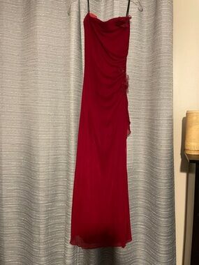 Jodi Kristopher Strapless Red Evening Gown with Floral Appliqué